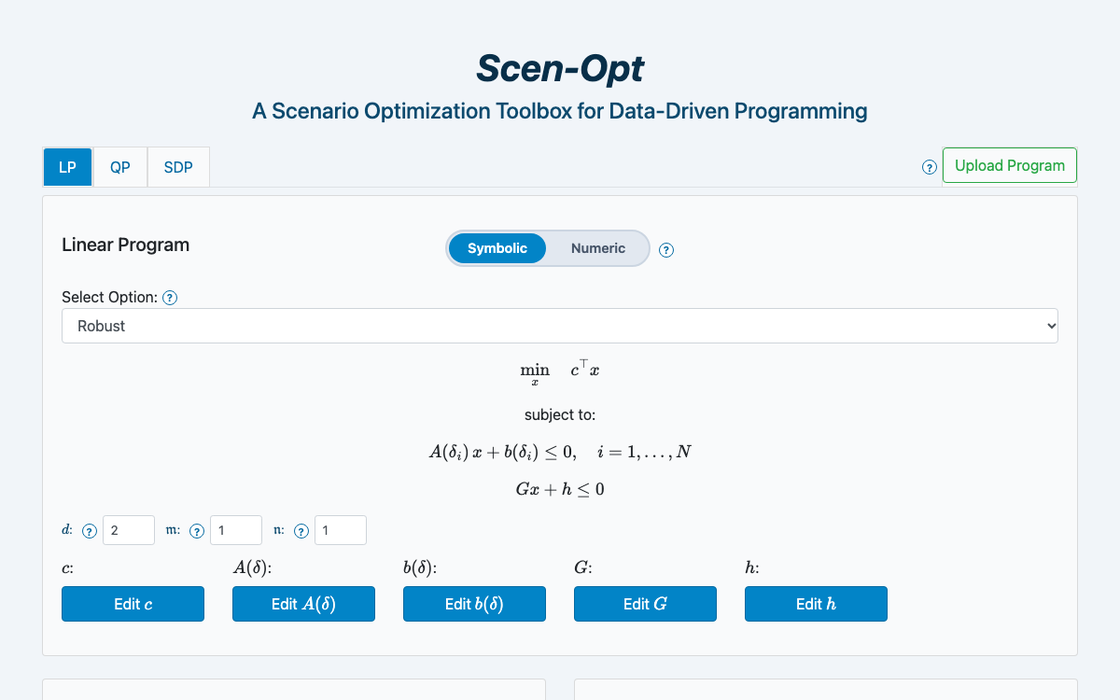 Scen-Opt web app: the linear-program tab showing a robust scenario formulation with editable constraint matrices and solver options